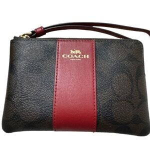COACH Corner Zip Wristlet F34650 Signature Khaki Oxblood
